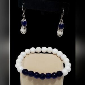 Upcycled White Opal & Murano Blue Beads Bracelet & Earrings